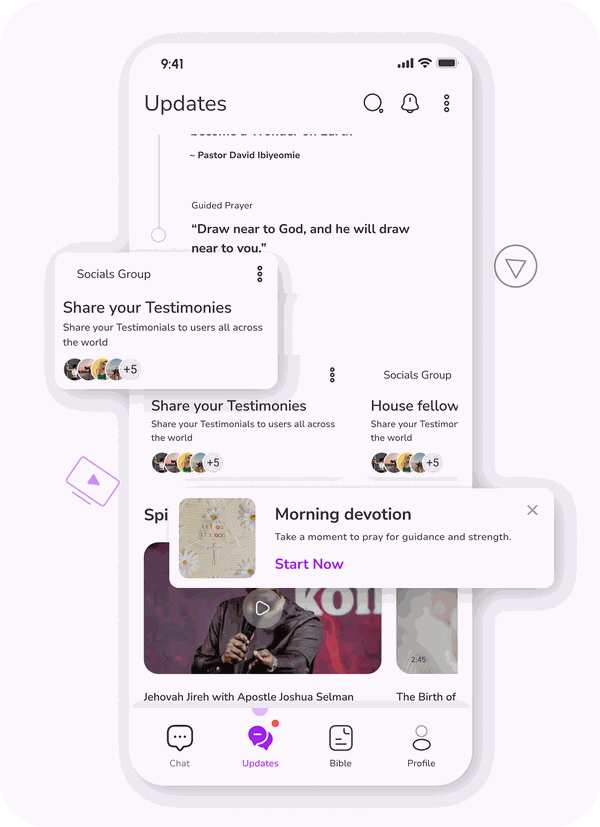 InterChat Updates tab showing spiritual content and the Bible tab in the navigation bar