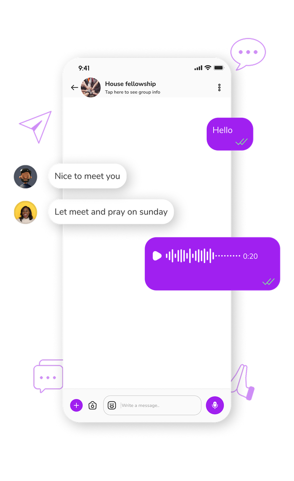 InterChat group chat showing text messages and a voice note with a waveform