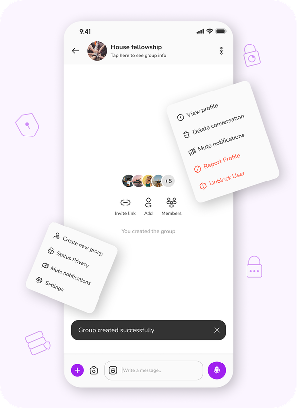 InterChat community screen showing a newly created group with members and an invite link